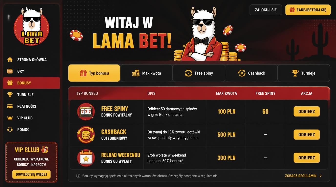 Tabela bonusów w Lamabet – free spiny, cashback, reload