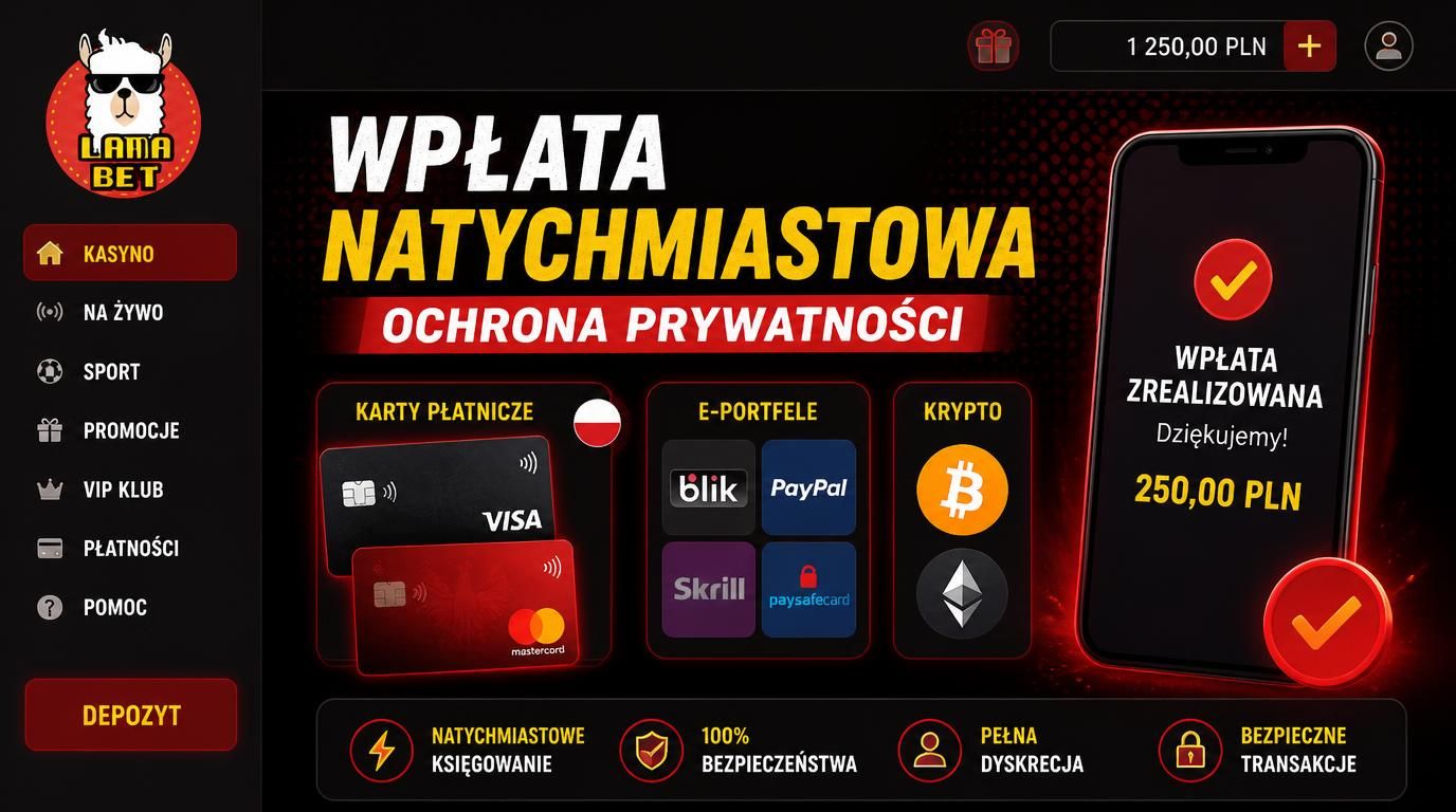 Karta, e-portfel, kryptowaluty i płatność mobilna prezentują różne opcje wpłaty i poziom prywatności w Lamabet Casino.
