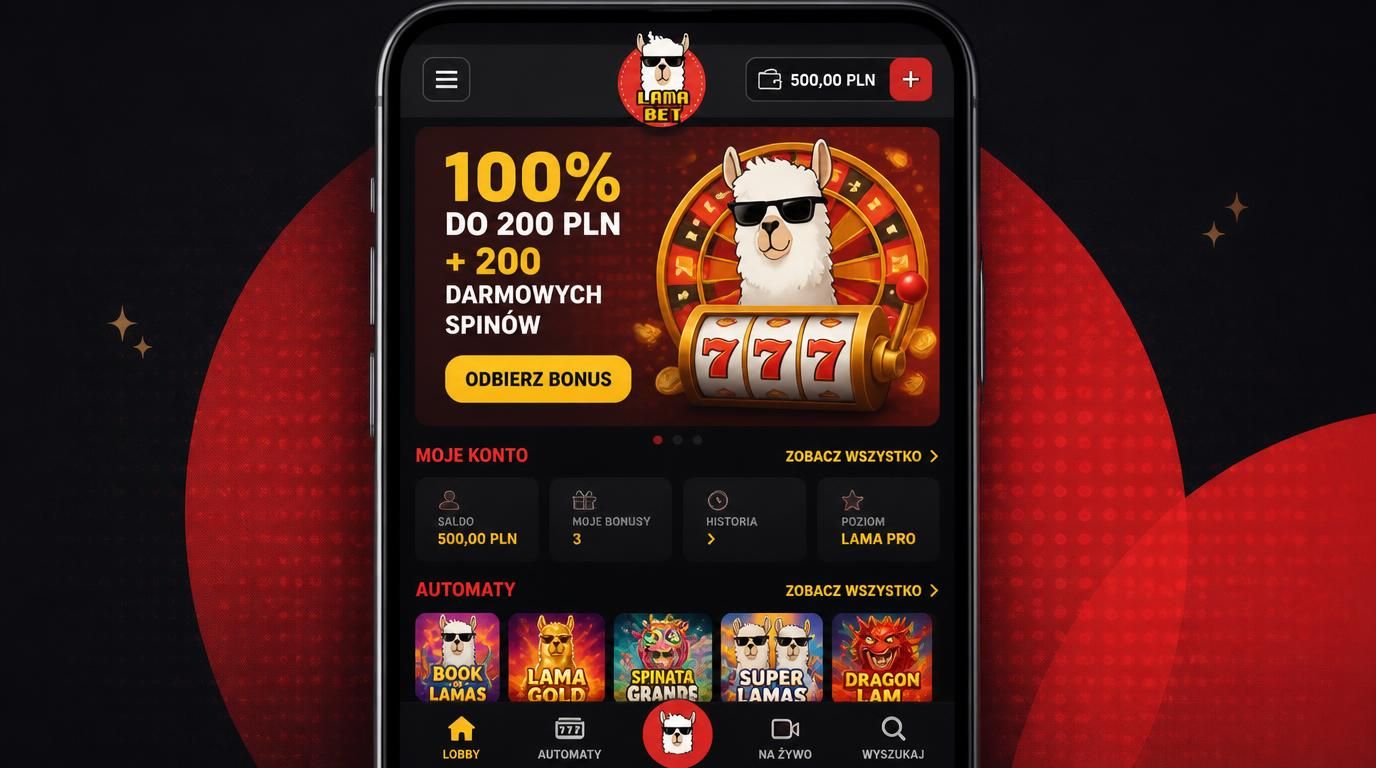 Telefon pokazujący mobilną wersję Lamabet Casino – lobby, automaty, promocje na głównym ekranie