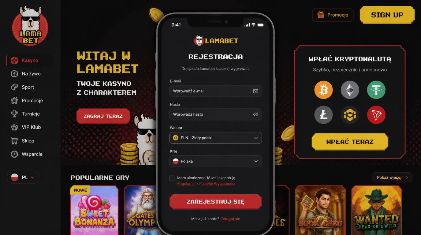 Interfejs mobilnej rejestracji Lamabet na tle smartfona z formularzem i elementami krypto