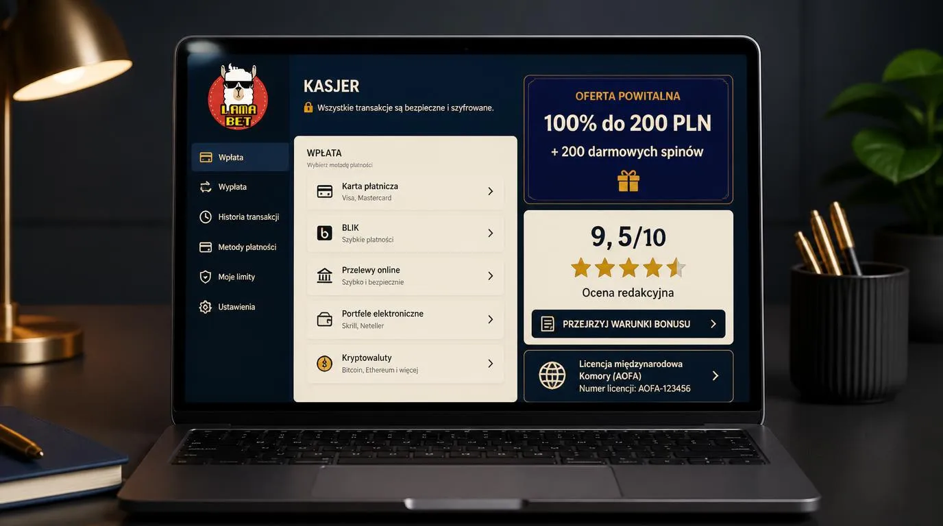 Ekran kasy kasyna z oceną 9,5/10 i ofertą powitalną 100% do 200 PLN oraz 200 darmowych spinów