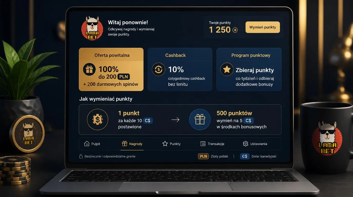 Panel nagród kasyna z bonusem powitalnym w PLN, punktami tygodniowymi i środkami bonusowymi w C$