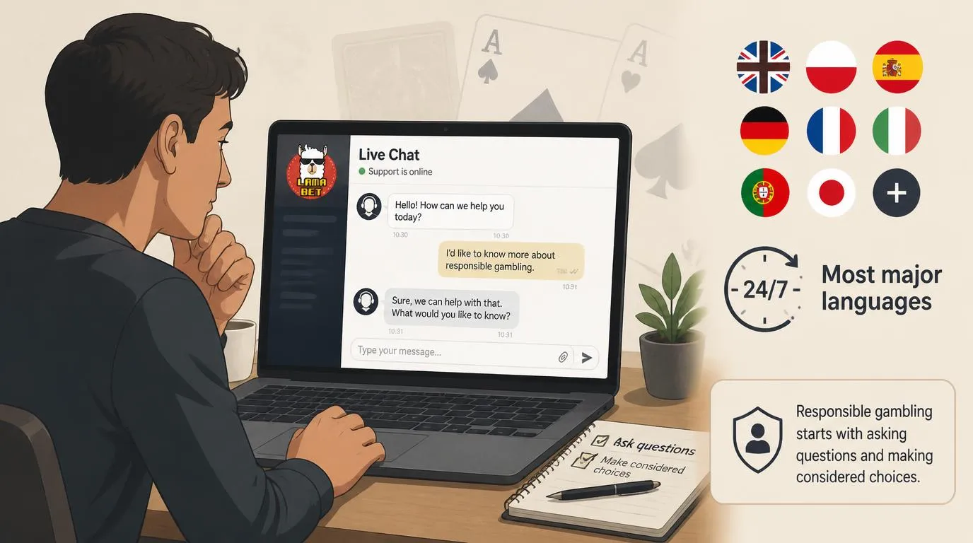 Ilustracja czatu obsługi w wielu językach z zegarem wskazującym całodobową dostępność w większości głównych języków