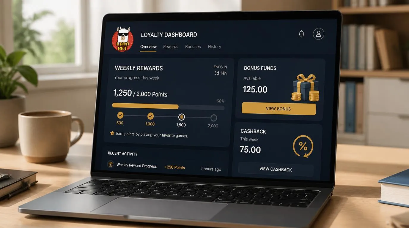 Ekran programu nagród kasyna z punktami za grę i kafelkiem cotygodniowych promocji
